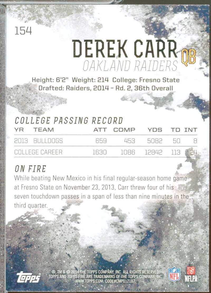 Derek Carr Rookie Card 2014 Topps Fire Flame #154  Image 2