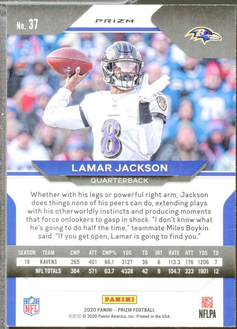 Lamar Jackson Card 2020 Panini Prizm Prizms Red White and Blue #37  Image 2