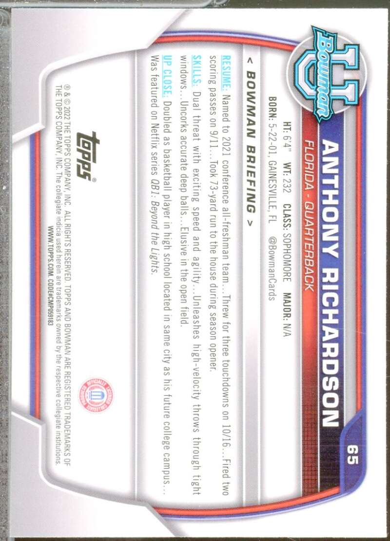 Anthony Richardson Rookie Card 2022 Bowman Chrome University #65  Image 2