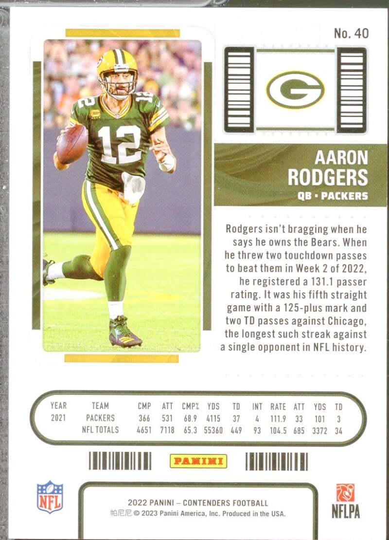 Aaron Rodgers Card 2022 Panini Contenders Playoff Ticket #40  Image 2