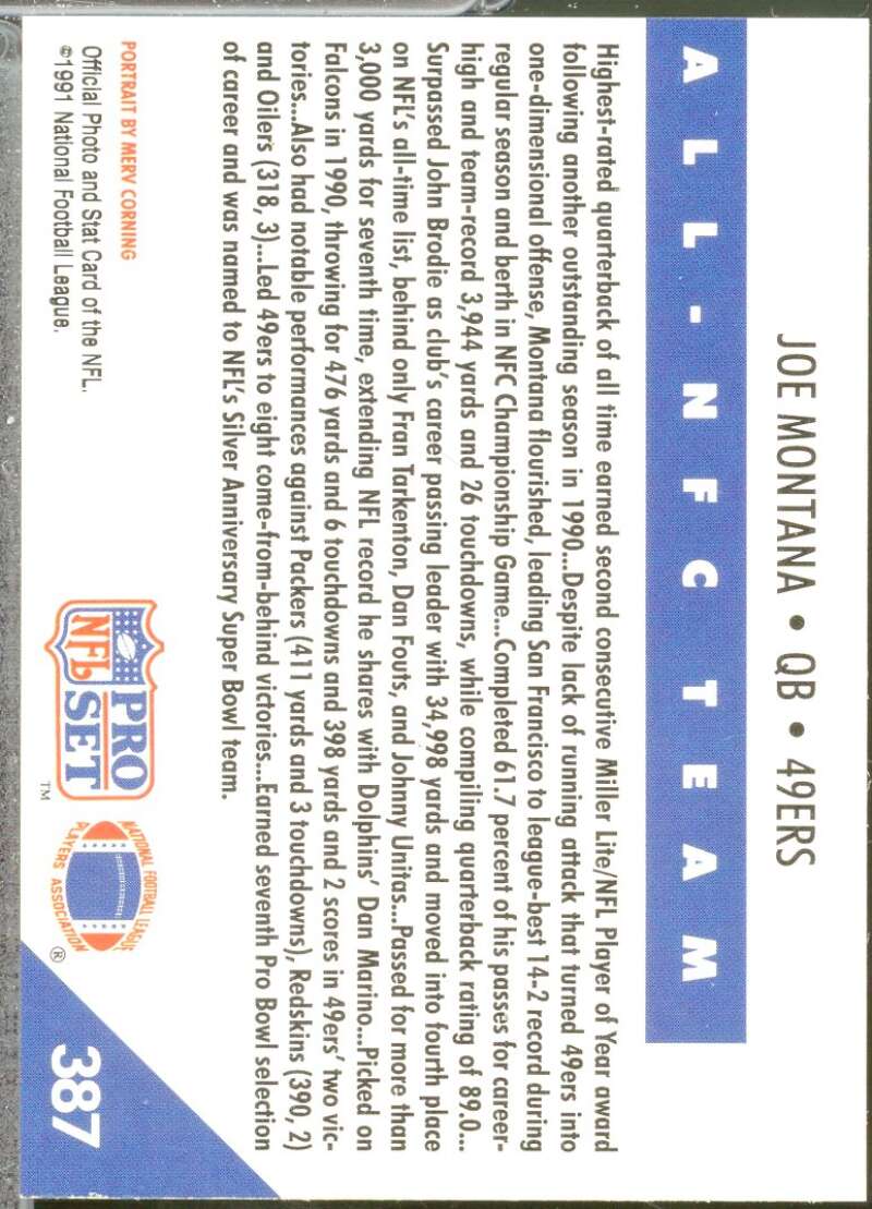 Joe Montana NFC Autopen Autograph Card 1991 Pro Set #387  Image 2