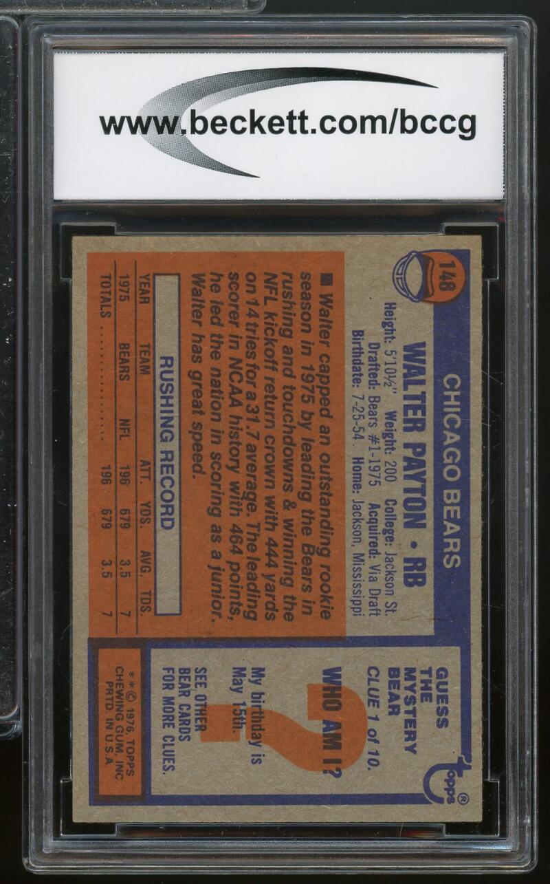 1976 Topps #148 Walter Payton Rookie Card BGS BCCG 9 Near Mint+ Image 2