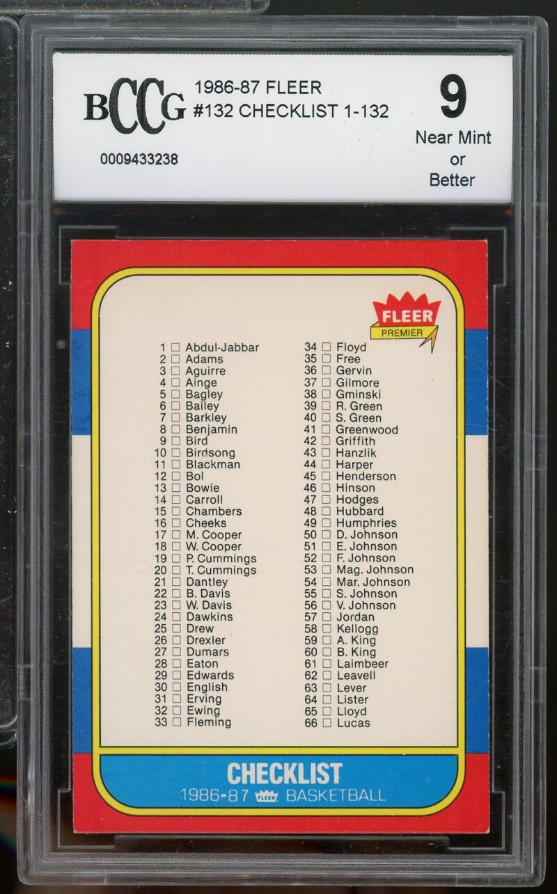 1986-87 Fleer #132 Checklist Card 1-132 BGS BCCG 9 Near Mint+ Image 1