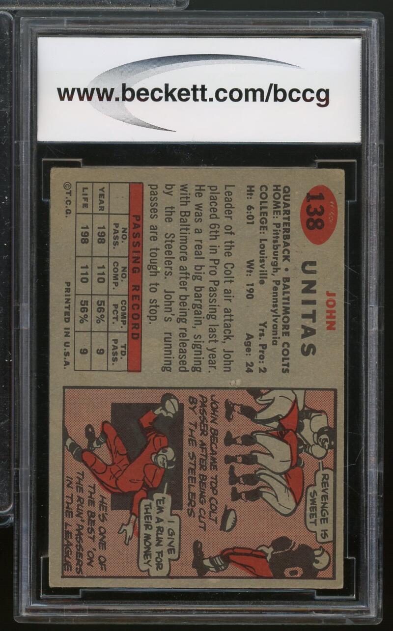 1957 Topps #138 John Unitas Rookie Card BGS BCCG 8 Excellent+ Image 2
