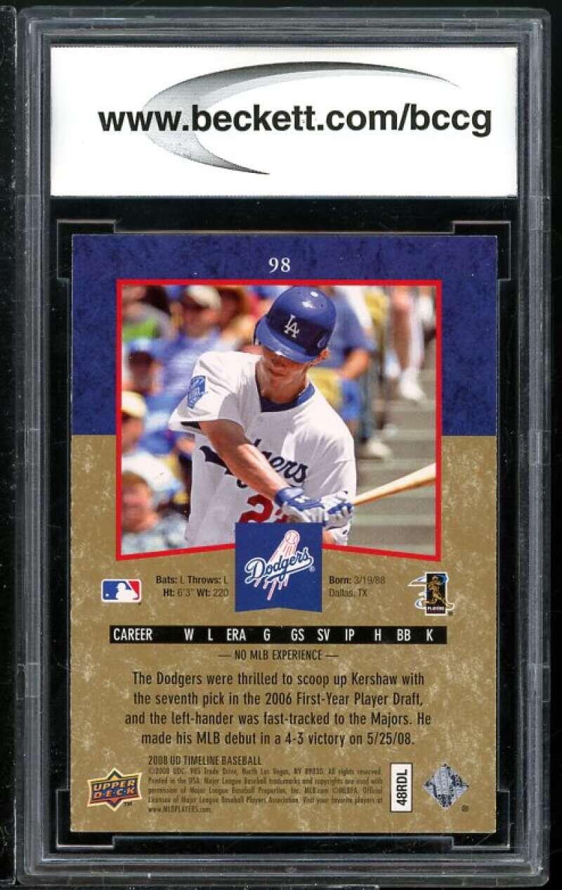 2008 UD Timeline Gold #98 Clayton Kershaw Rookie Card BGS BCCG 9 Near Mint+ Image 2