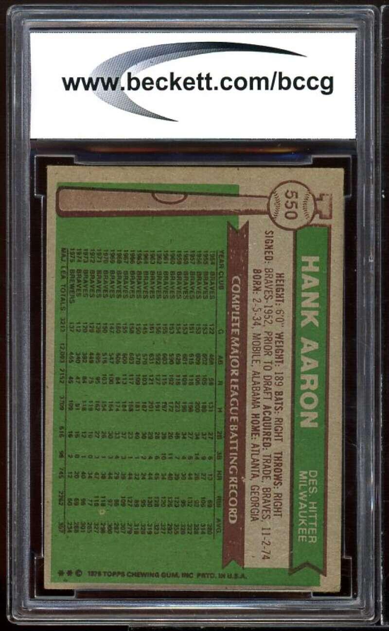 1976 Topps #550 Hank Aaron Card BGS BCCG 8 Excellent+ Image 2