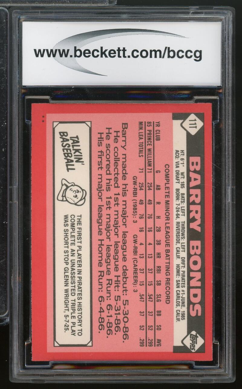 1986 Topps Traded #11T Barry Bonds Rookie Card BGS BCCG 10 Mint+ Image 2