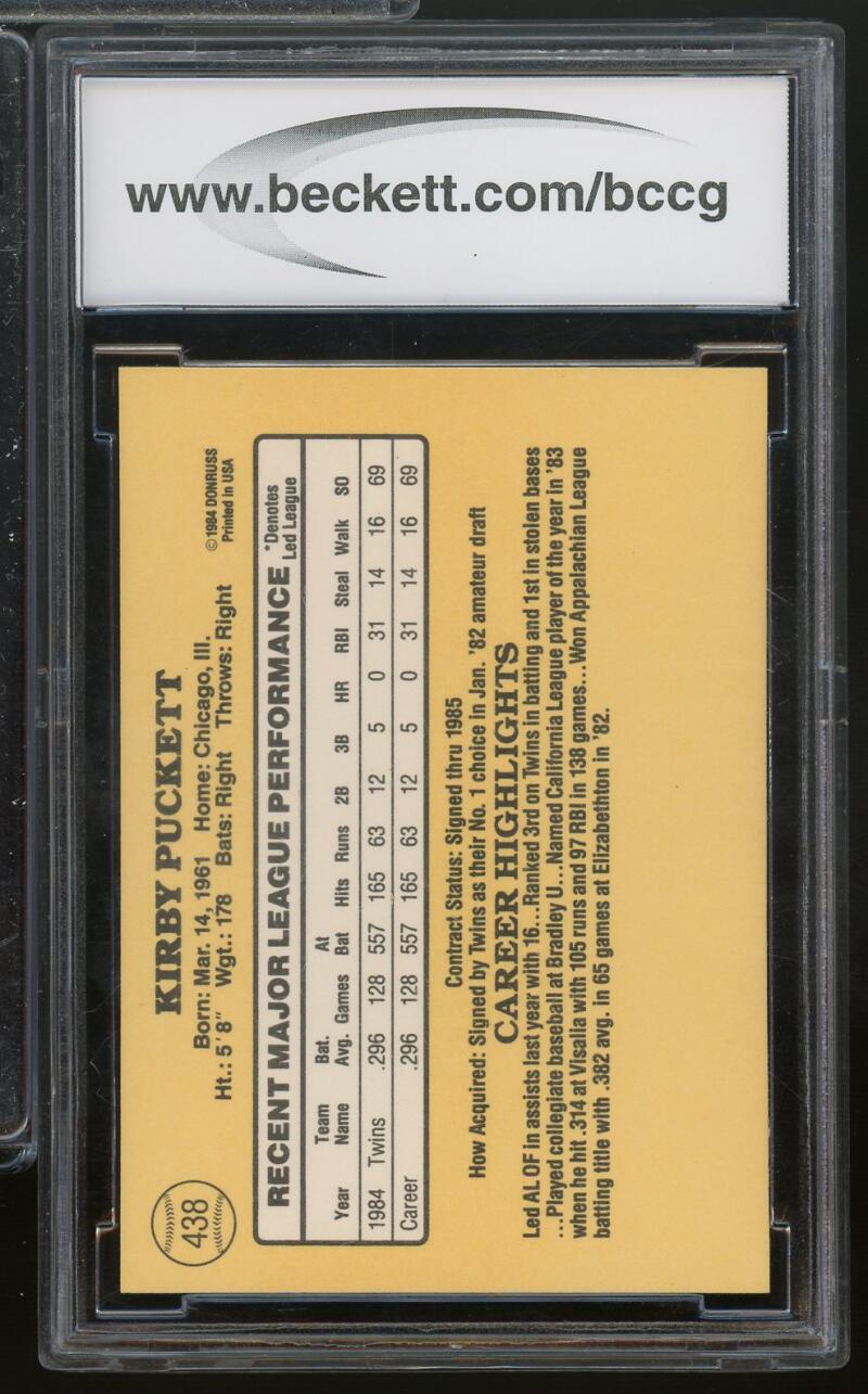 1985 Donruss #438 Kirby Puckett Rookie Card BGS BCCG 9 Near Mint+ Image 2