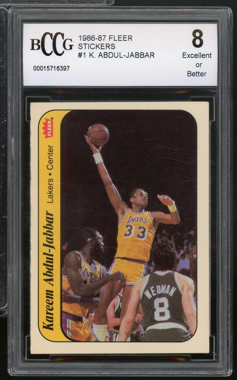 1986-87 Fleer Stickers #1 Kareem Abdul-Jabbar Card BGS BCCG 8 Excellent+ Image 1
