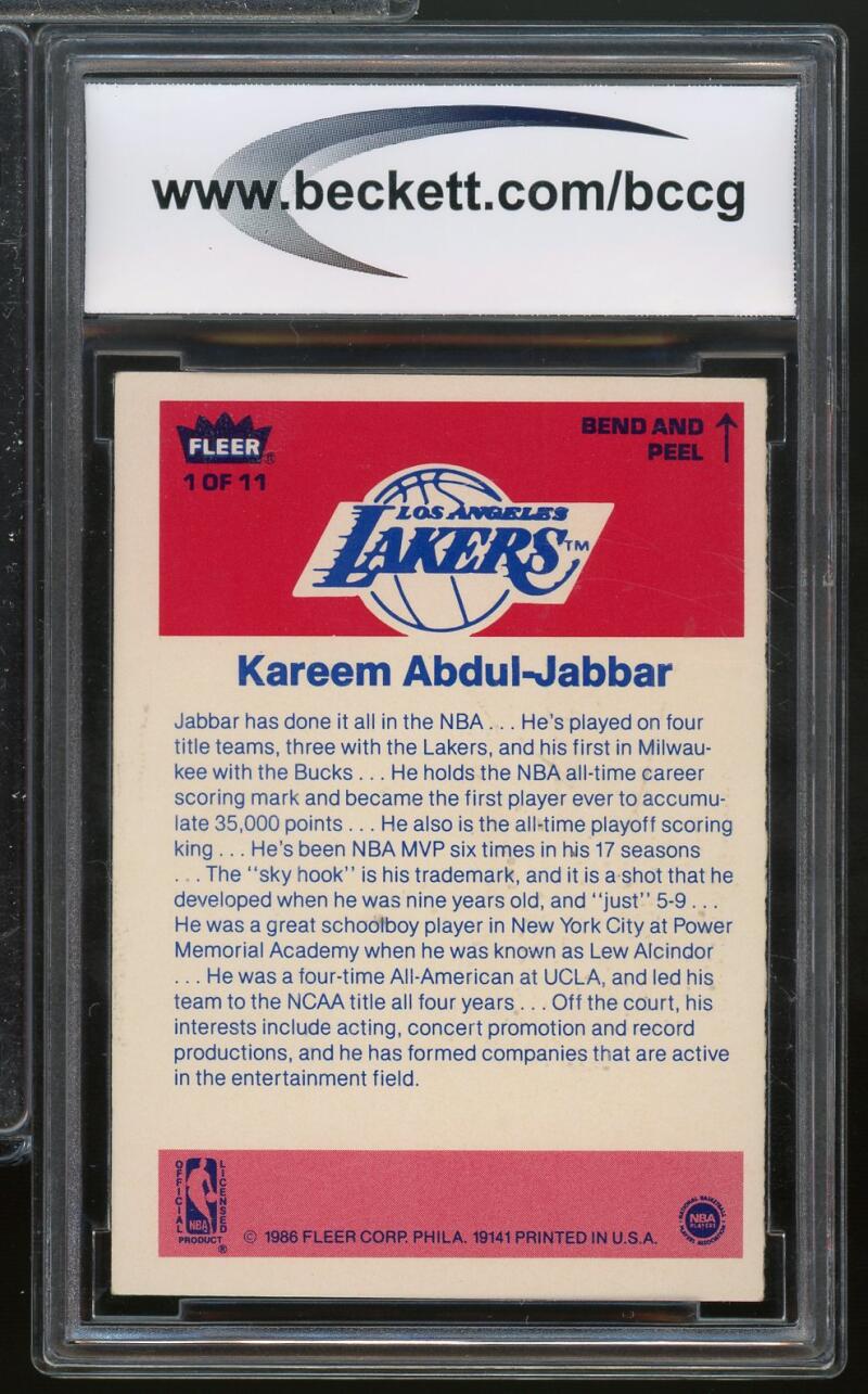 1986-87 Fleer Stickers #1 Kareem Abdul-Jabbar Card BGS BCCG 8 Excellent+ Image 2