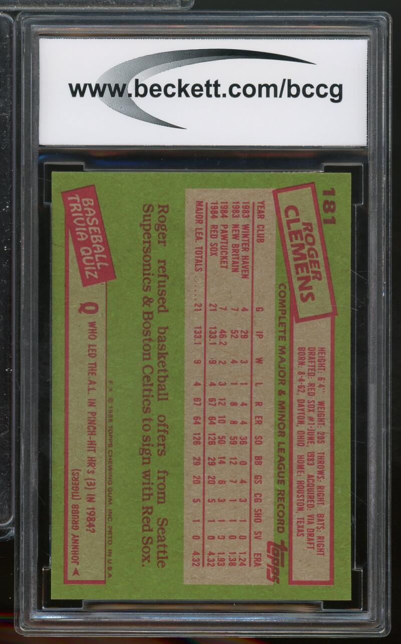 1985 Topps #181 Roger Clemens Rookie Card BGS BCCG 9 Near Mint+ Image 2