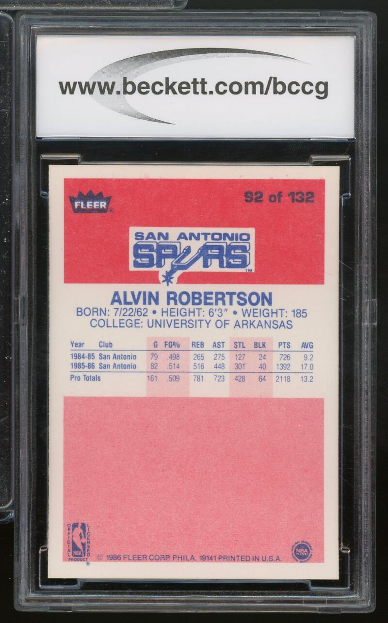 1986-87 Fleer #92 Alvin Robertson Rookie Card BGS BCCG 10 Mint+ Image 2