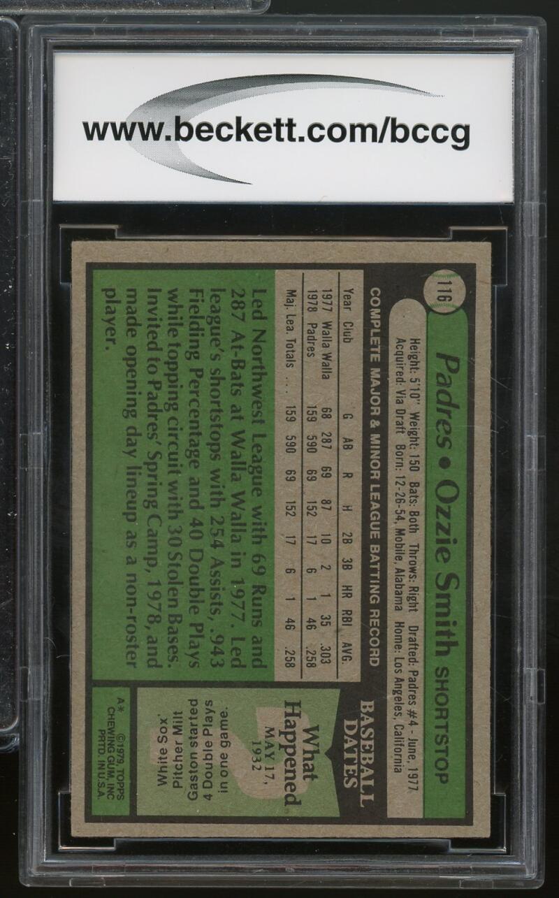 1979 Topps #116 Ozzie Smith Rookie Card BGS BCCG 8 Excellent+ Image 2
