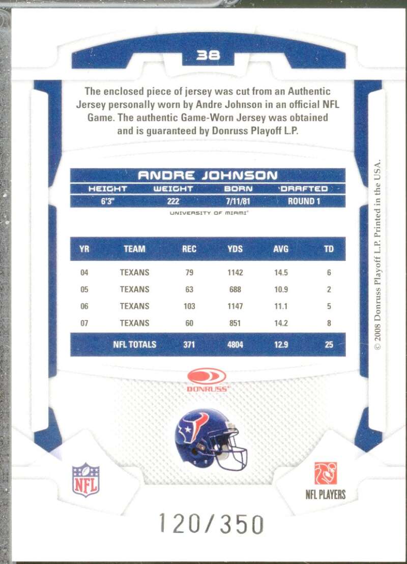 Andre Johnson Card 2008 Leaf Rookies Stars Longevity Materials Ruby #38  Image 2