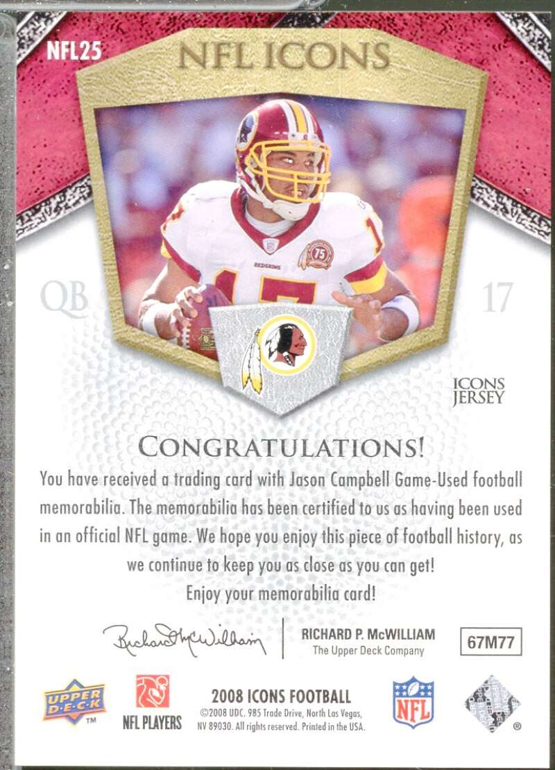 Jason Campbell Card 2008 Upper Deck Icons NFL Icons Jersey Gold #NFL25  Image 2