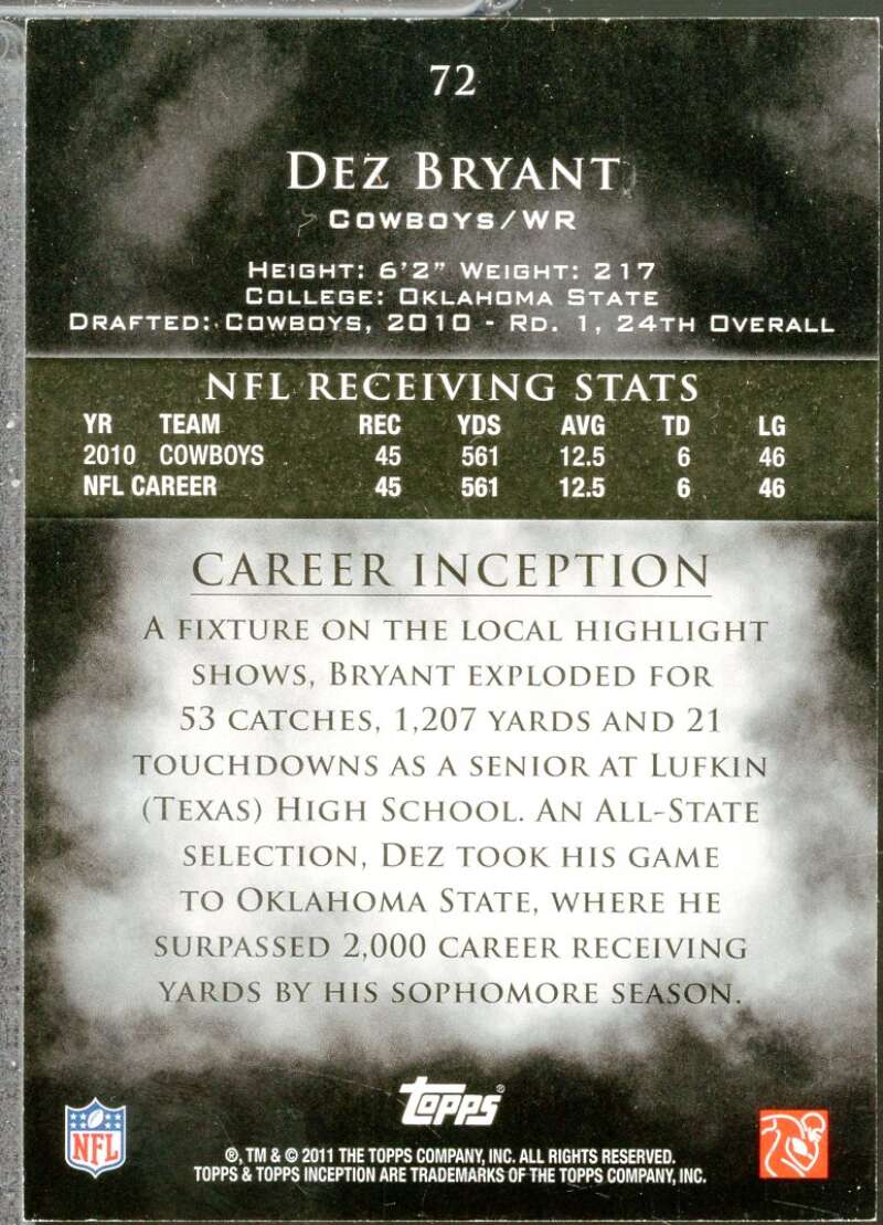 Dez Bryant Card 2011 Topps Inception Gray #72  Image 2