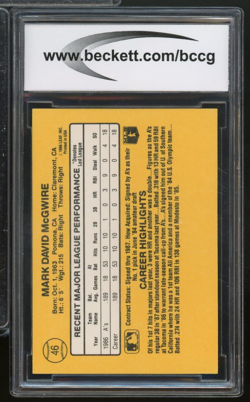 1987 Donruss #46 Mark McGwire Rookie Card BGS BCCG 10 Mint+ Image 2