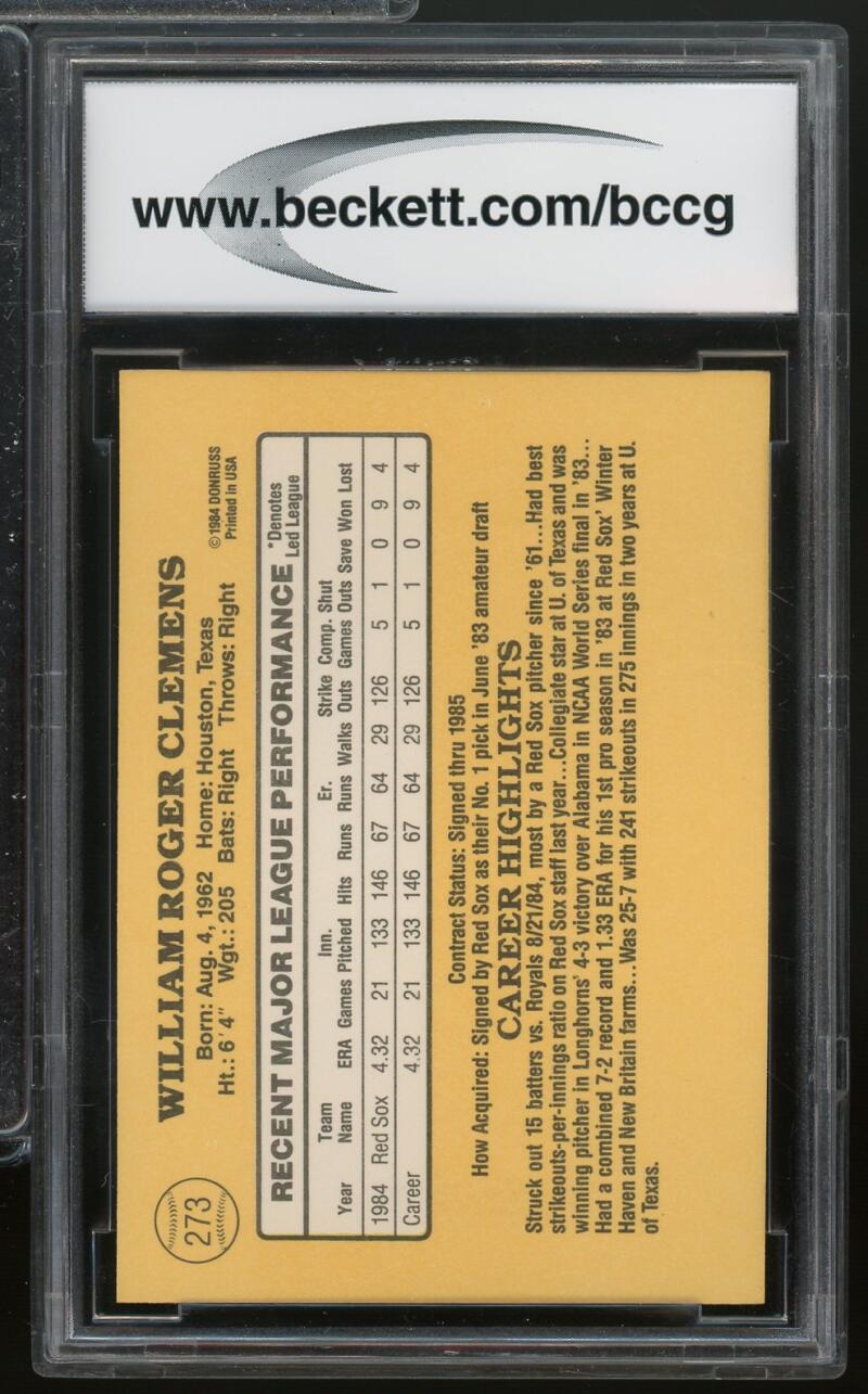 1985 Donruss #273 Roger Clemens Rookie Card BGS BCCG 9 Near Mint+ Image 2