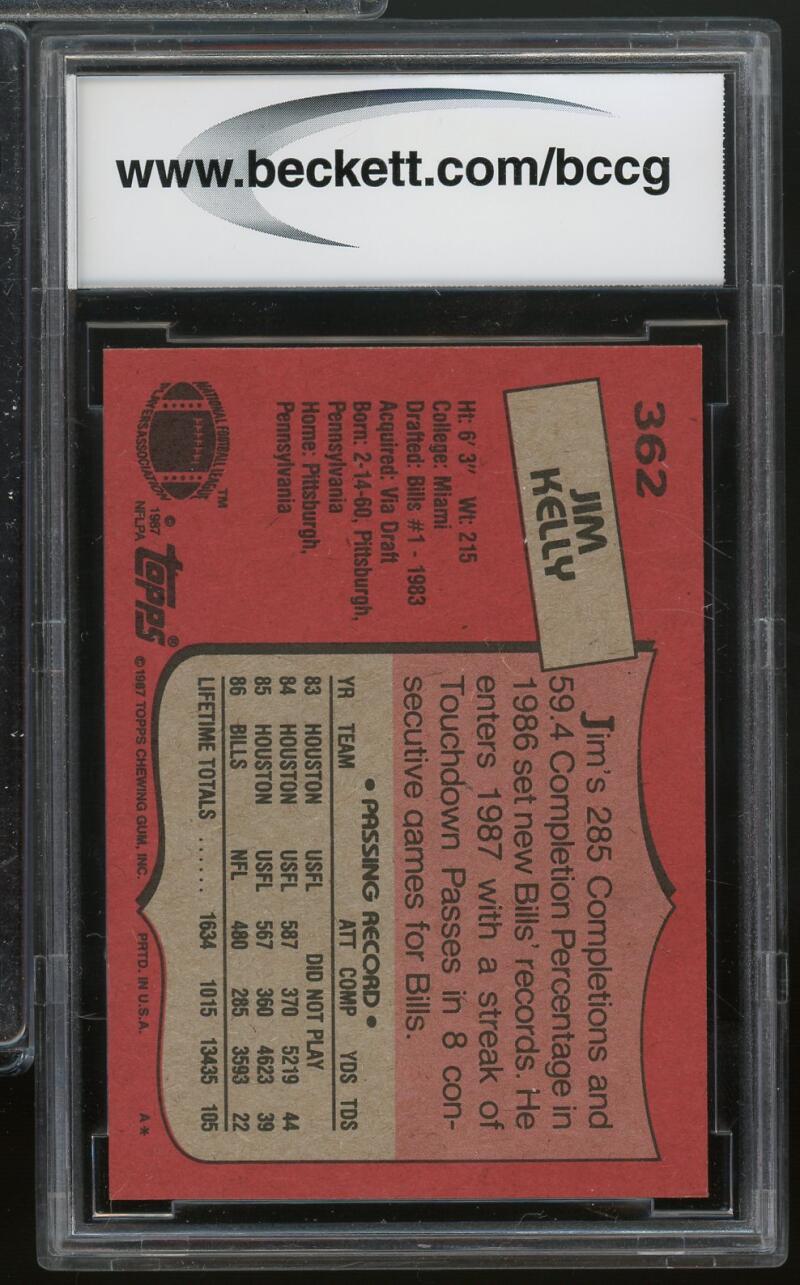 1987 Topps #362 Jim Kelly Rookie Card BGS BCCG 10 Mint+ Image 2
