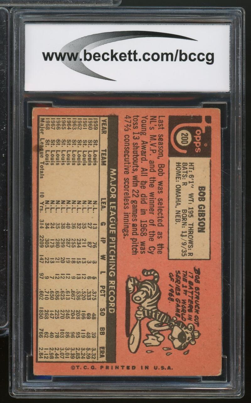 1969 Topps #200 Bob Gibson Card BGS BCCG 7 Very Good+ Image 2