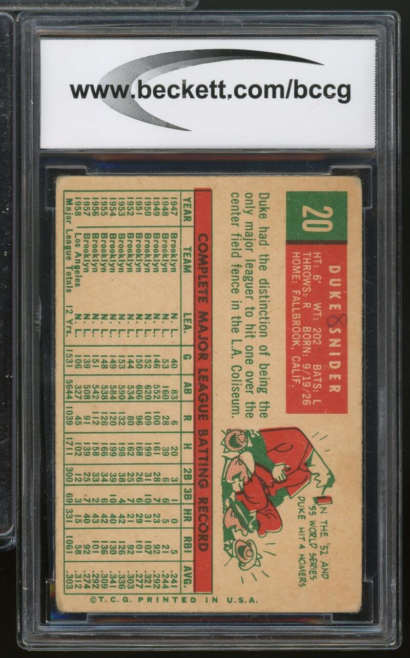 1959 Topps #20 Duke Snider Card BGS BCCG 6 Good+ Image 2
