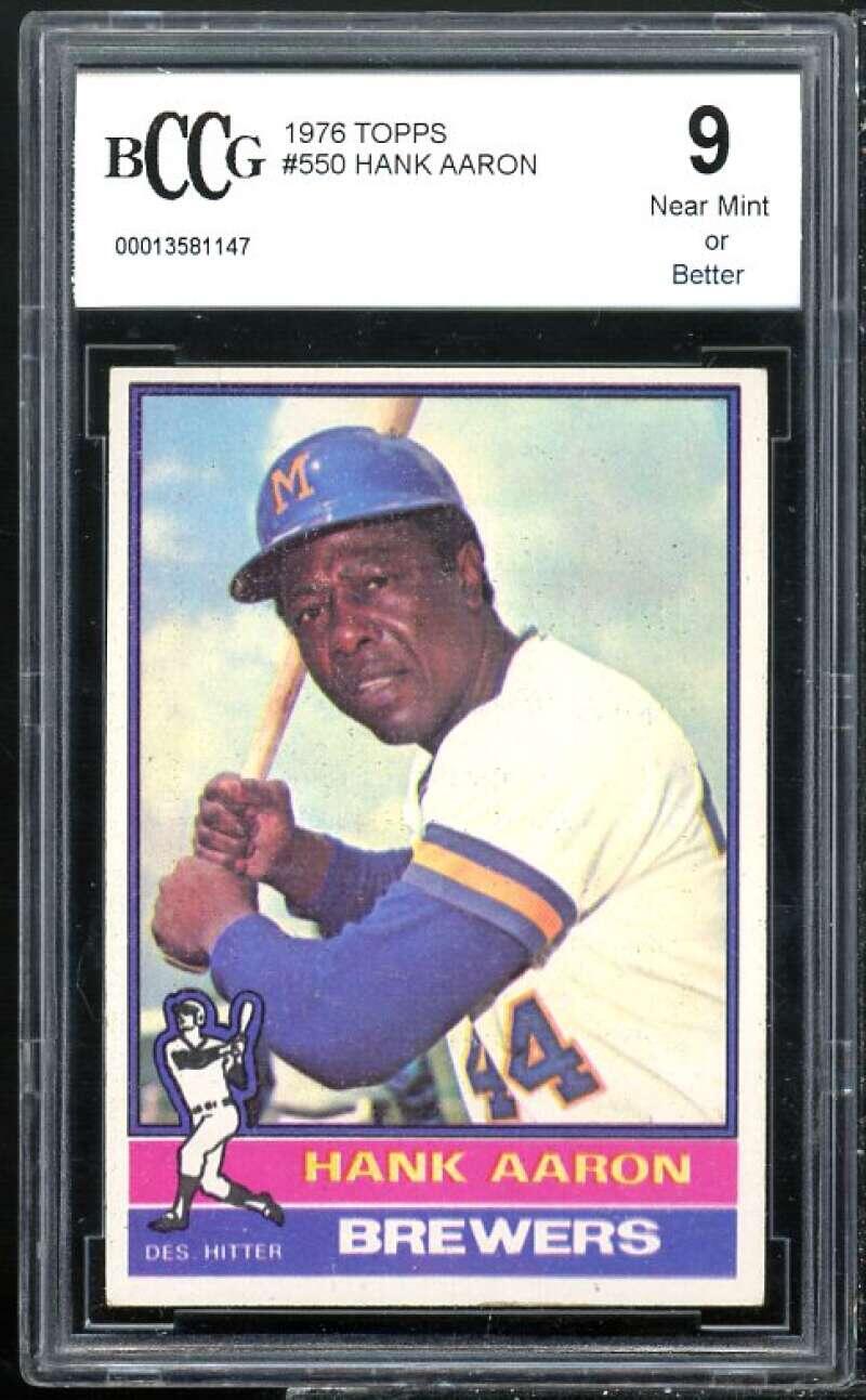 1976 Topps #550 Hank Aaron Card BGS BCCG 9 Near Mint+ Image 1