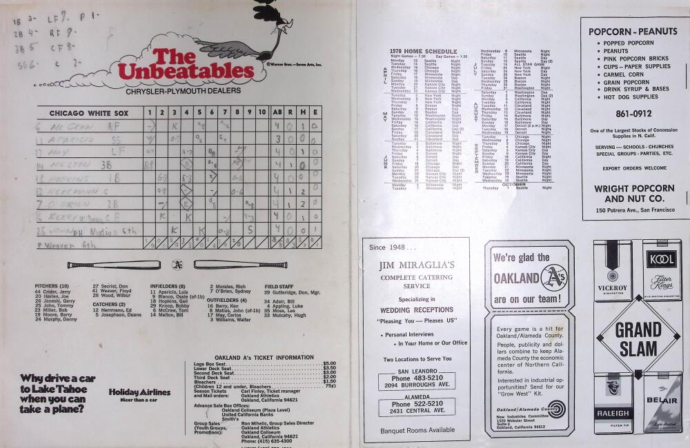 1970 Athletics vs Chicago White Sox Baseball Score Card Image 2