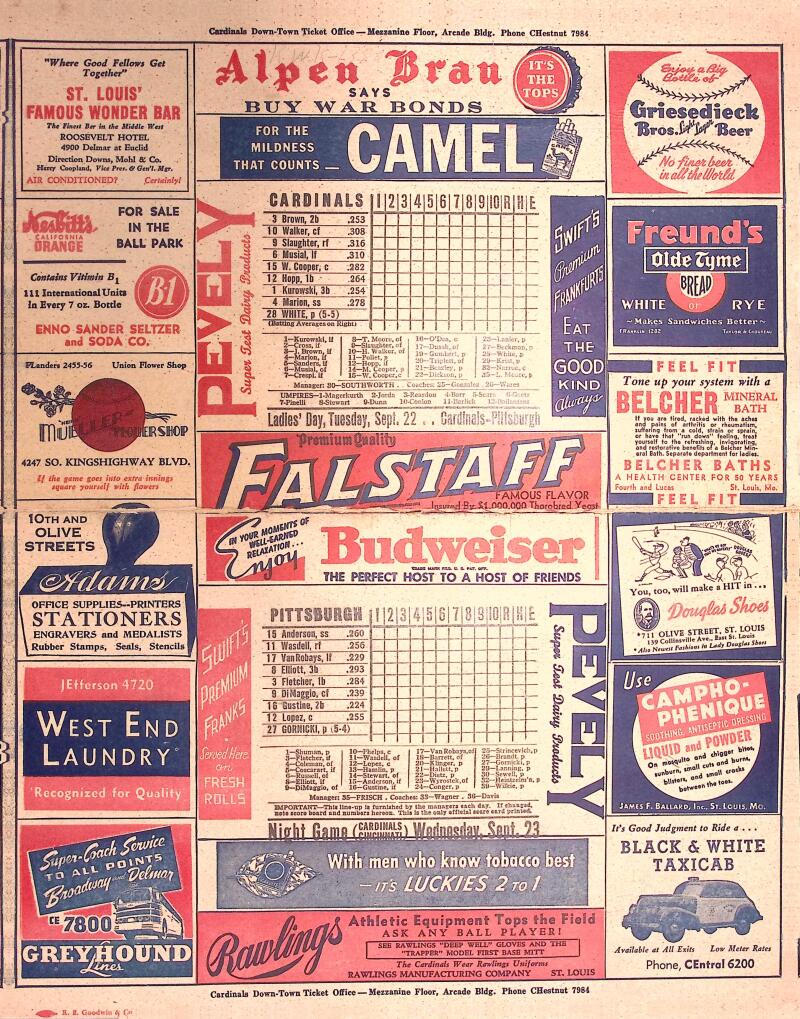 1941 Cardinals vs Pirates Baseball Score Card Image 2