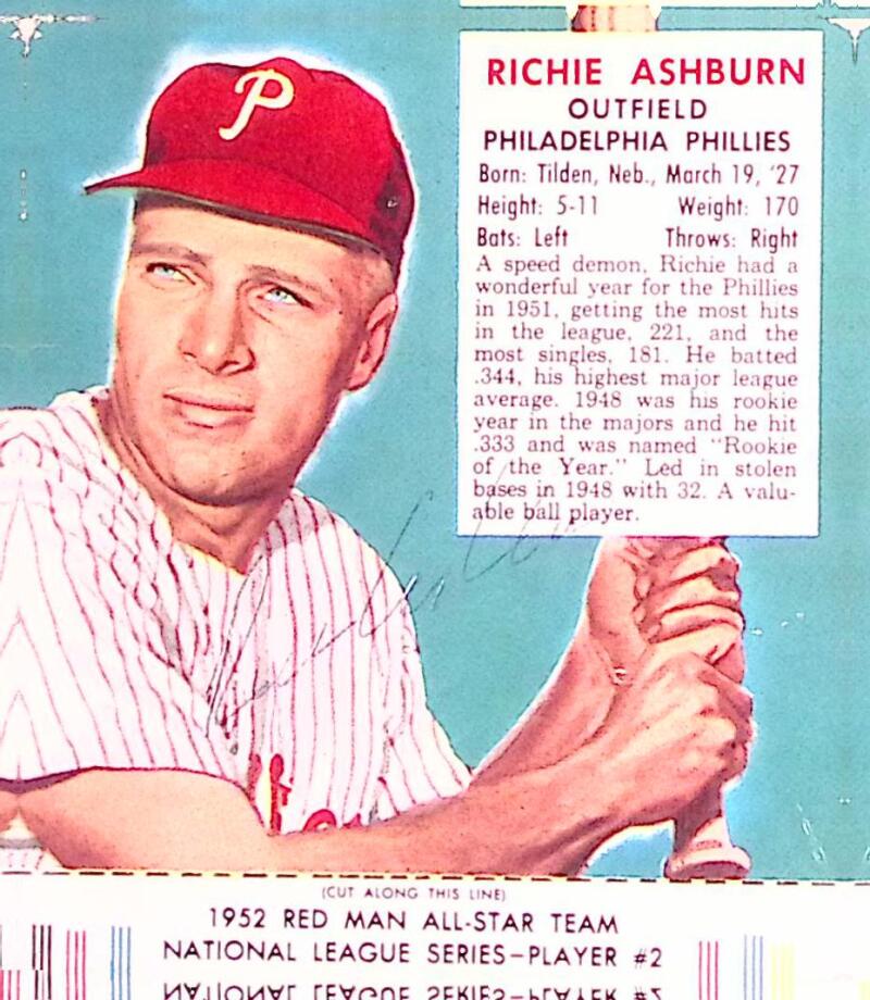 Richie Ashburn Phillies Signed Autographed 4x4.5 Photo Card JSA Authentic Image 1