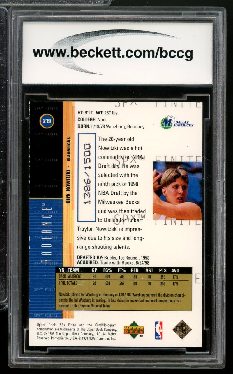 1998-99 SPX Finite Radiance #219 Dirk Nowitzki Rookie Card BGS BCCG 10 Mint+ Image 2