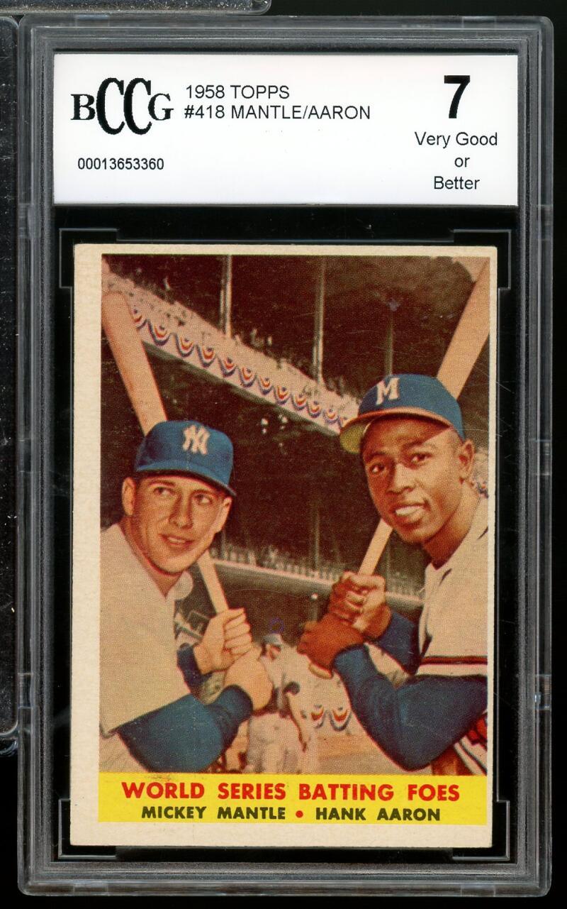 1958 Topps #418 Hank Aaron / Mickey Mantle Card BGS BCCG 7 Very Good+ Image 1