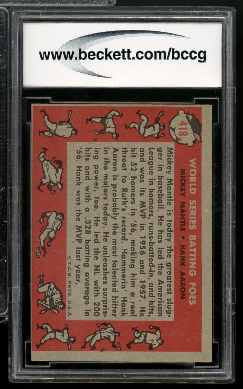 1958 Topps #418 Hank Aaron / Mickey Mantle Card BGS BCCG 7 Very Good+ Image 2