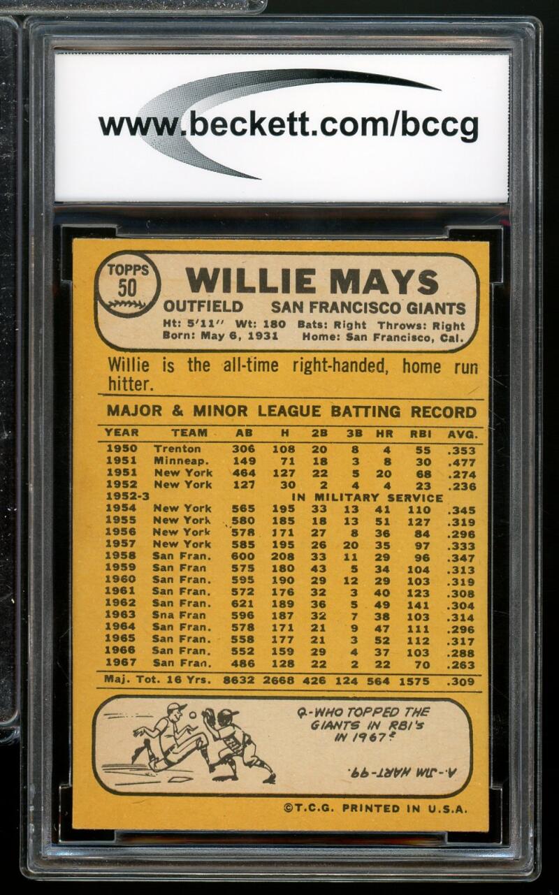 1968 Topps #50 Willie Mays Card BGS BCCG 9 Near Mint+ Image 2