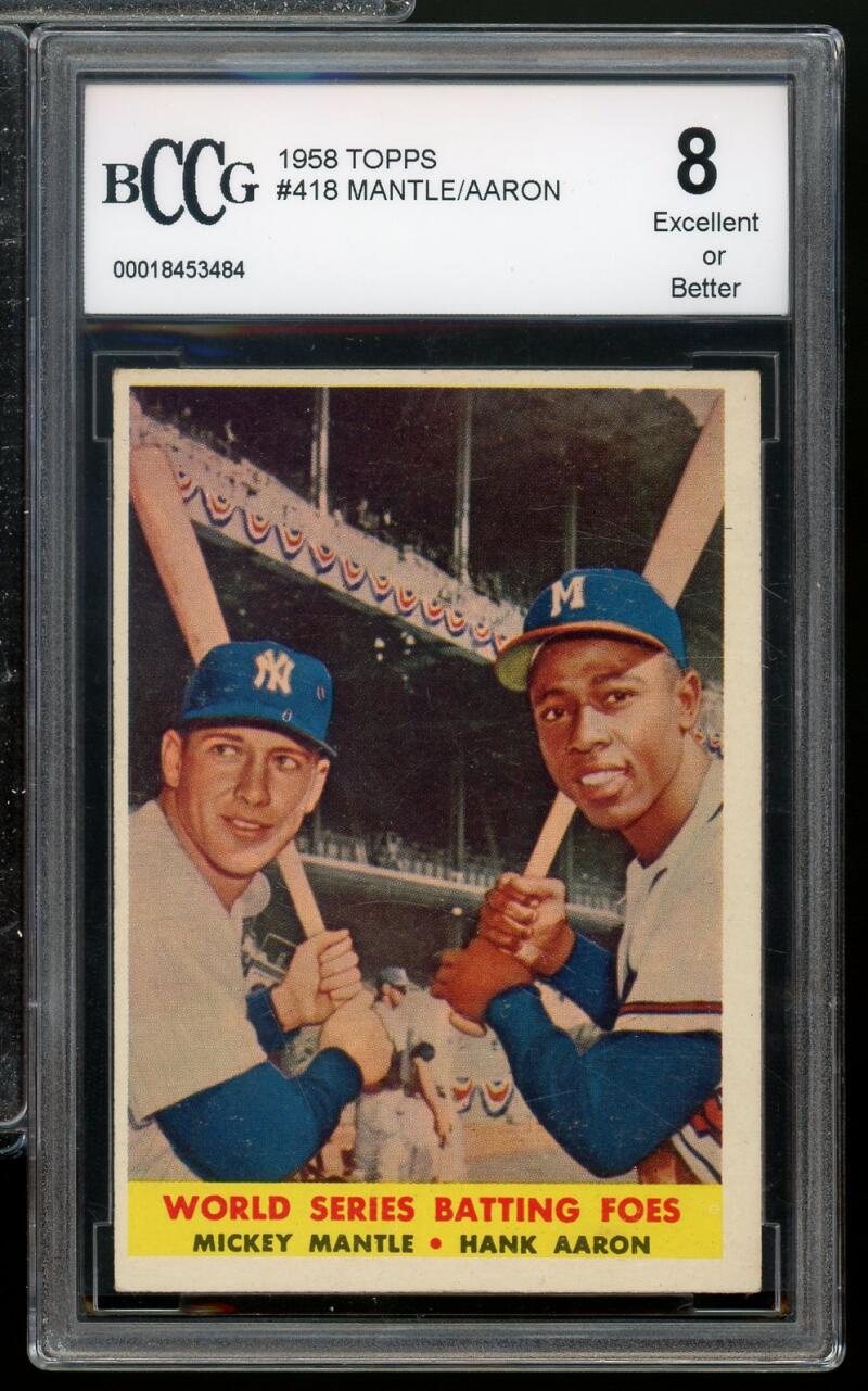 1958 Topps #418 Hank Aaron / Mickey Mantle Card BGS BCCG 8 Excellent+ Image 1