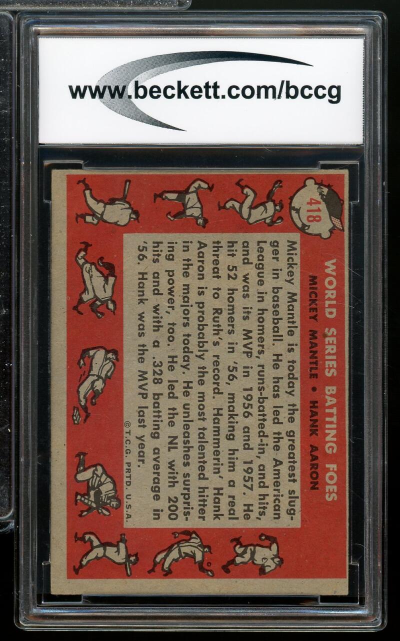 1958 Topps #418 Hank Aaron / Mickey Mantle Card BGS BCCG 8 Excellent+ Image 2