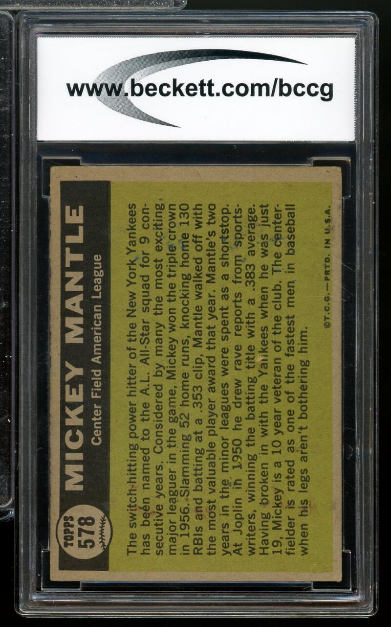 1961 Topps #578 Mickey Mantle All Star Card BGS BCCG 8 Excellent+ Image 2