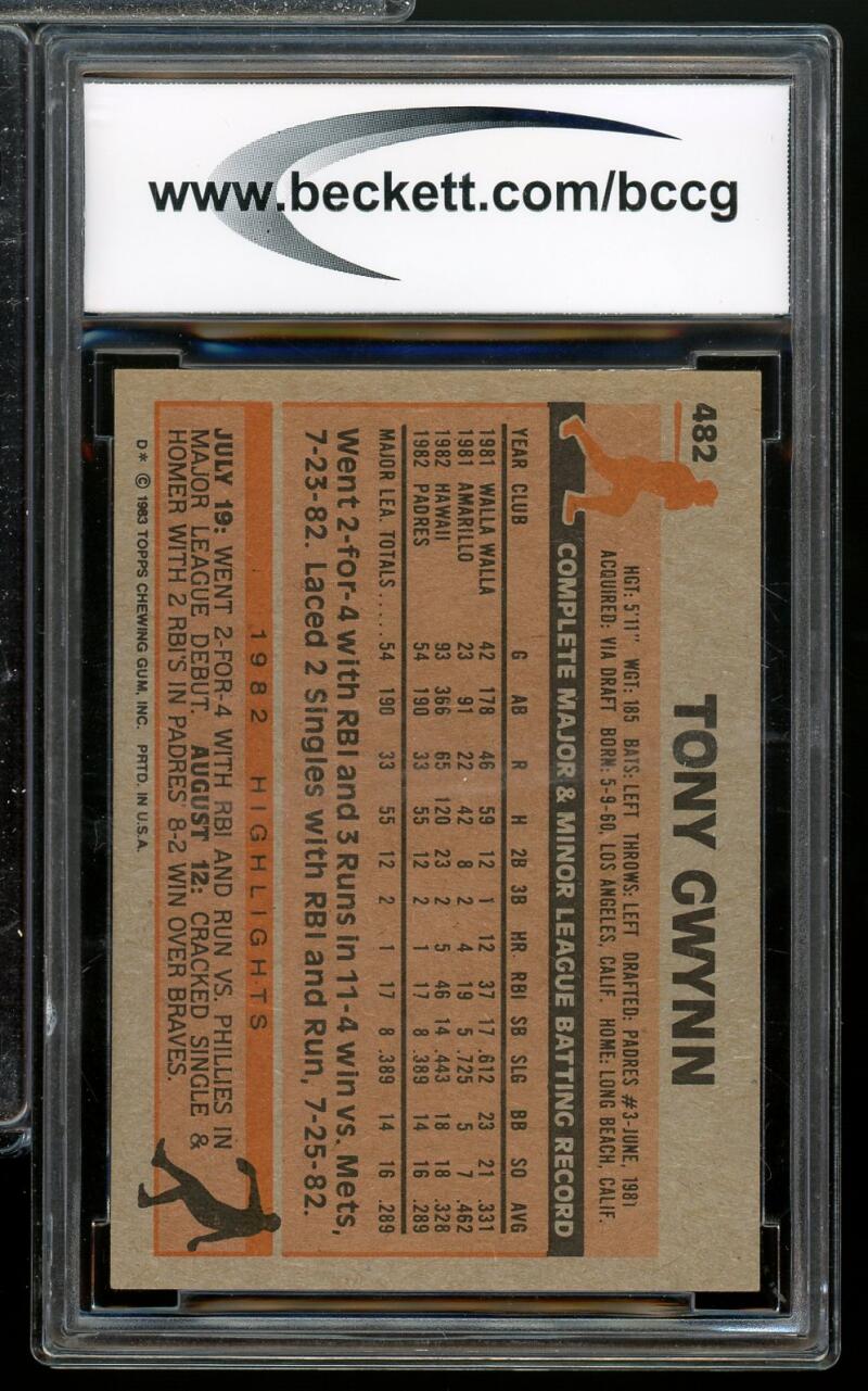 1983 Topps #482 Tony Gwynn Rookie Card BGS BCCG 10 Mint+ Image 2