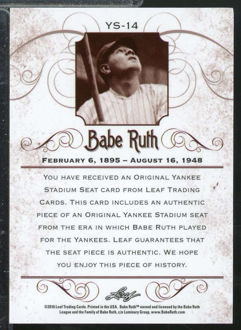 Babe Ruth Card 2016 Leaf  Collection Yankee Stadium Seat Silver #YS14  Image 2