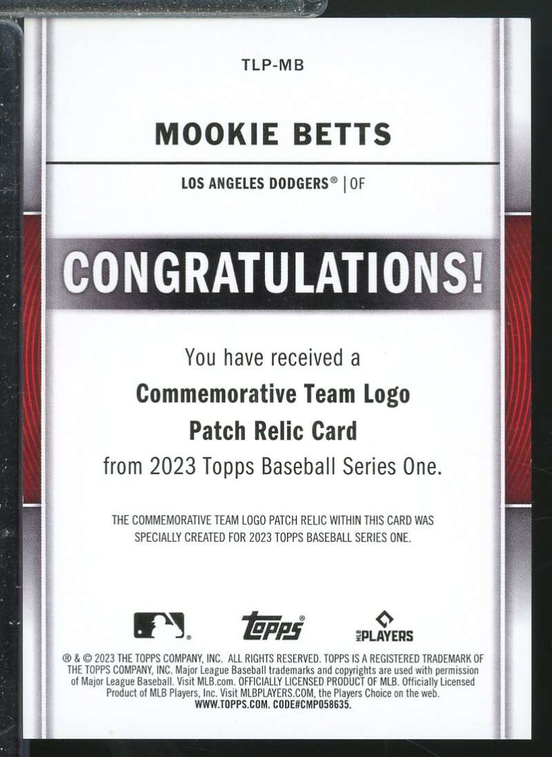 Mookie Betts Card 2023 Topps Team Logo Commemorative Patch #TLPMB  Image 2