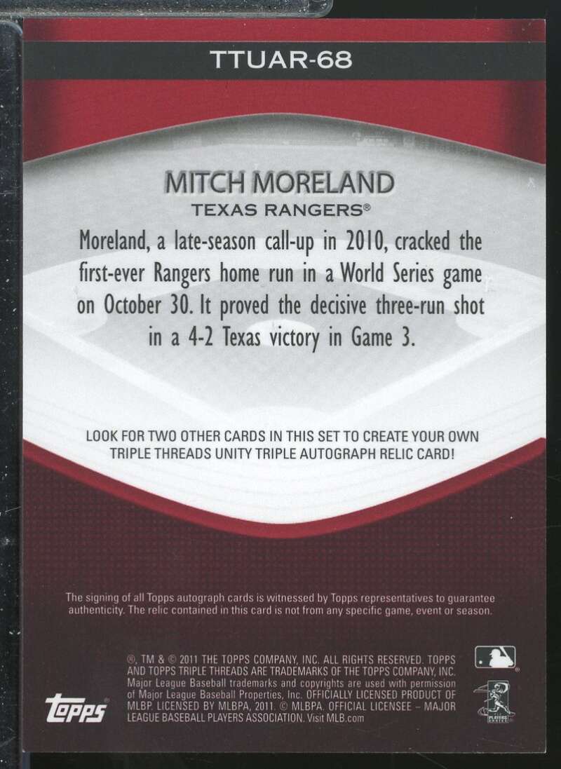 Mitch Moreland Card 2011 Topps Triple Threads Unity Relic Autographs #TTUAR68  Image 2