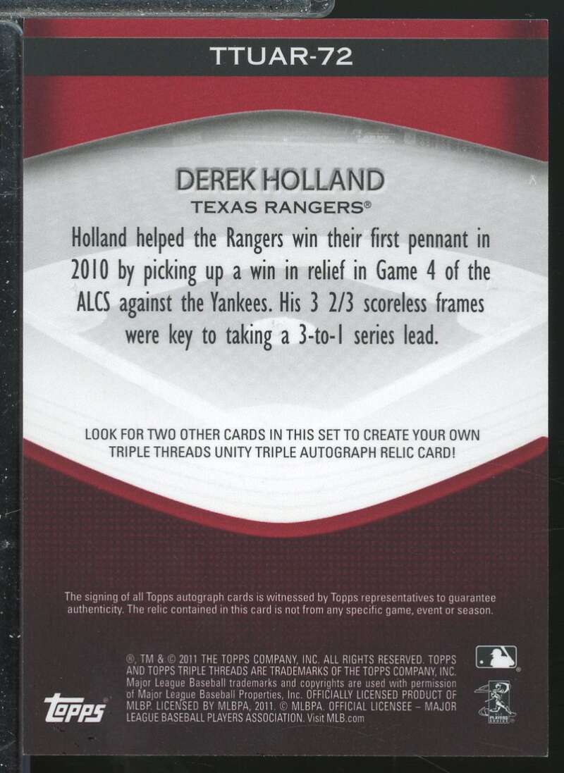 Derek Holland Card 2011 Topps Triple Threads Unity Relic Autographs #TTUAR72  Image 2