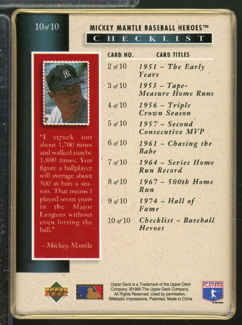 Mickey Mantle /Checklist Card 1995 Upper Deck Mantle Metallic Impressions #10  Image 2