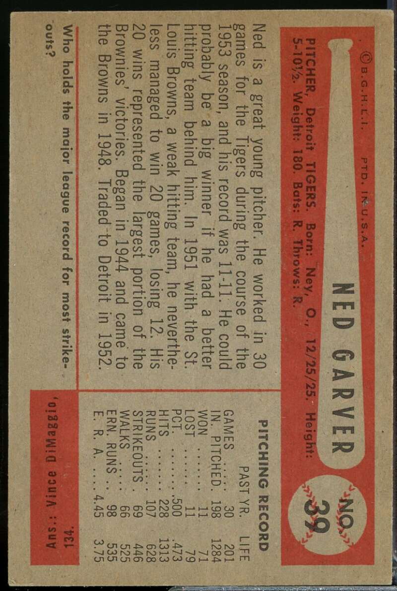 Ned Garver Card 1954 Bowman #39  Image 2