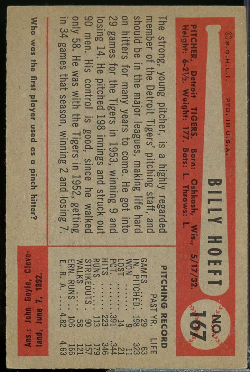 Billy Hoeft Card 1954 Bowman #167  Image 2