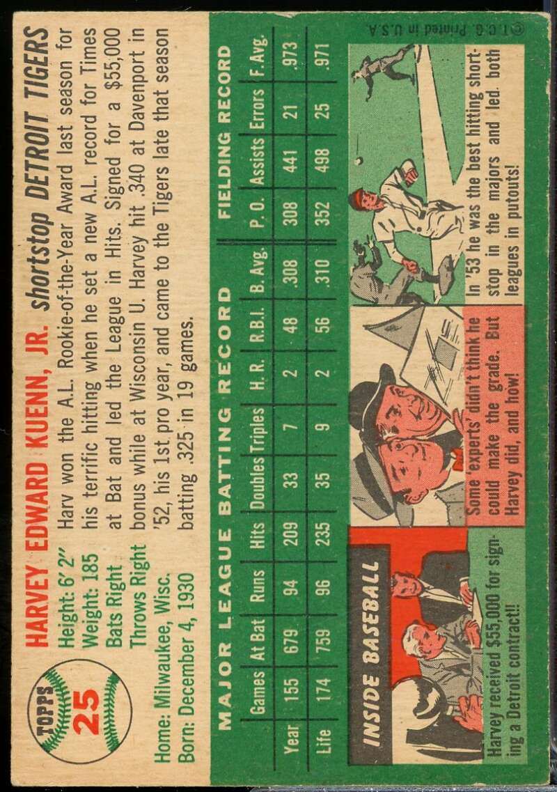 Harvey Kuenn Rookie Card 1954 Topps #25  Image 2