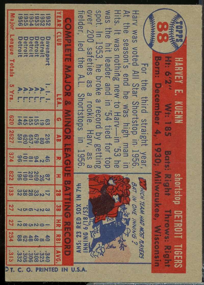 Harvey Kuenn Card 1957 Topps #88  Image 2