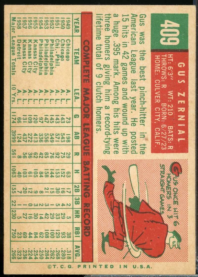 Gus Zernial Card 1959 Topps #409  Image 2
