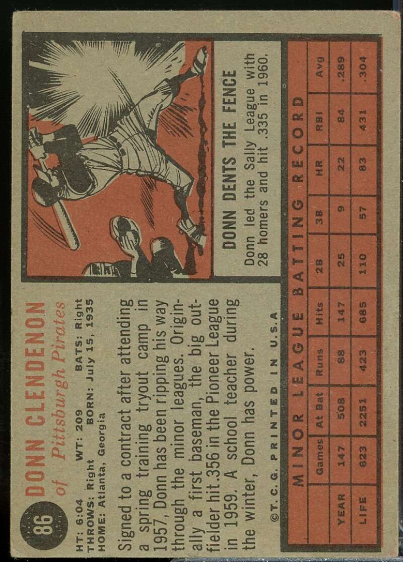 Donn Clendenon Rookie Card 1962 Topps #86  Image 2