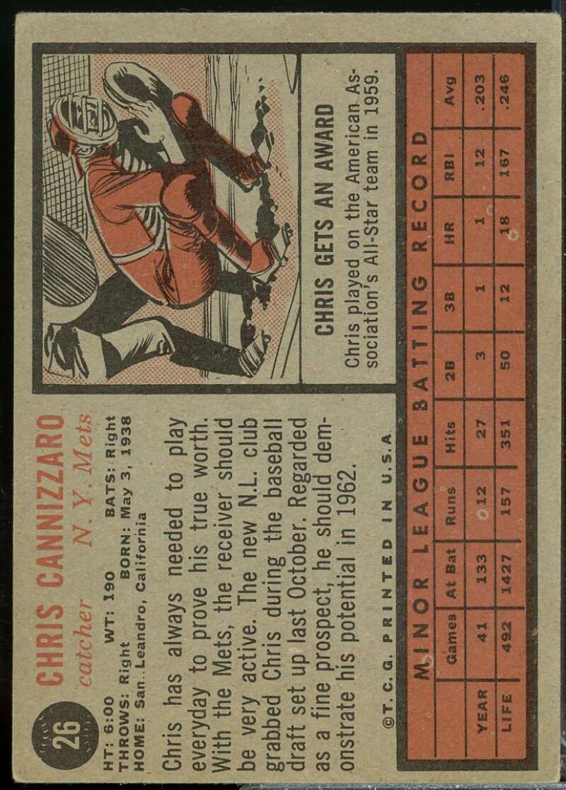 Chris Cannizzaro Card 1962 Topps #26  Image 2