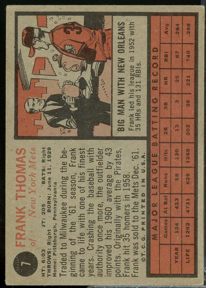 Frank Thomas Card 1962 Topps #7  Image 2